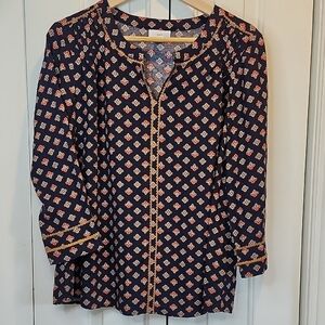 JJill Argyle Diamond Navy Embroidered Detail 3/4 Sleeve V-Neck Women's Blouse M